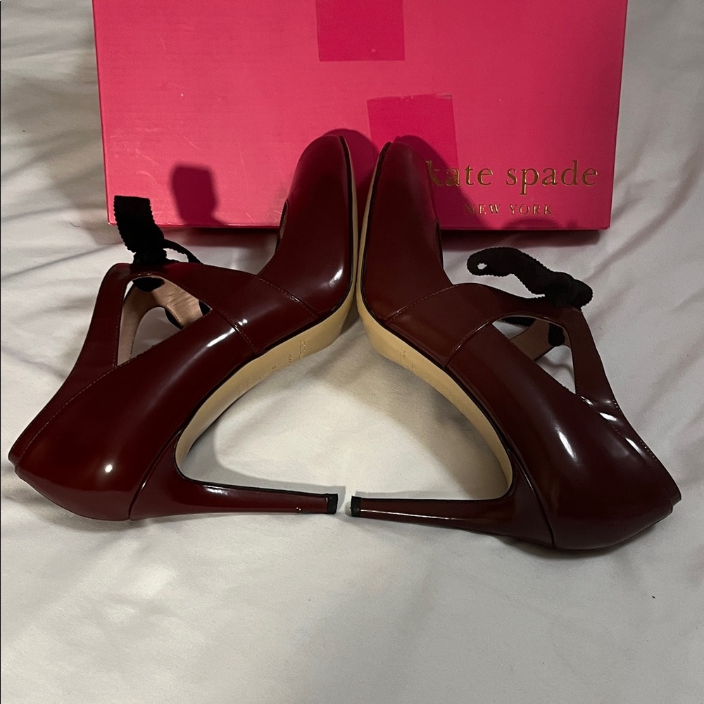 Kate Spade Burgundy Heels with Black Bow - Picture 2 of 8